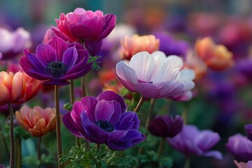 Obraz premium Vibrant Anemone Flowerbed Showing Purple, Pink, and White Blossoms
