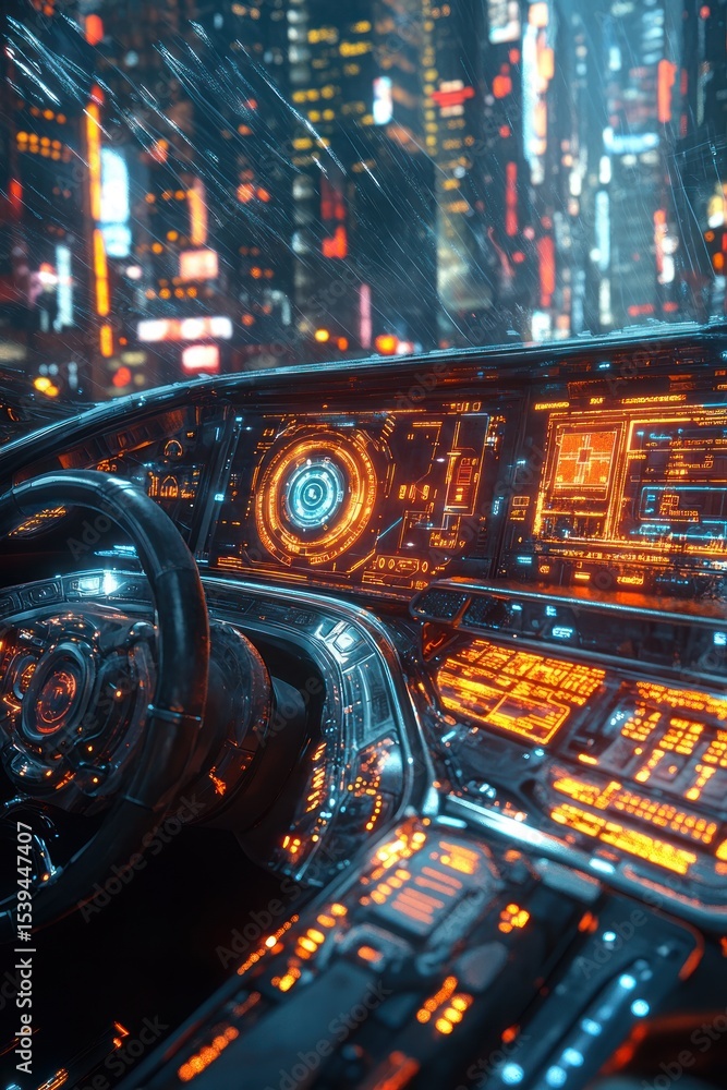 Poster futuristic car interior with illuminated digital dashboard and control panels showing technical data