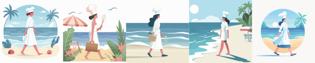 vector female chef walking on the beach