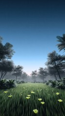 Misty field path, tropical trees