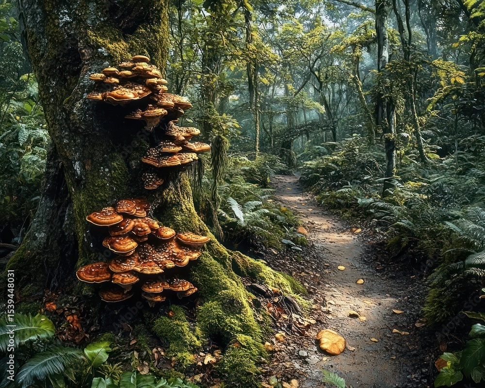 Poster moss-covered tree with clusters of large orange mushrooms along a winding forest path surrounded by 