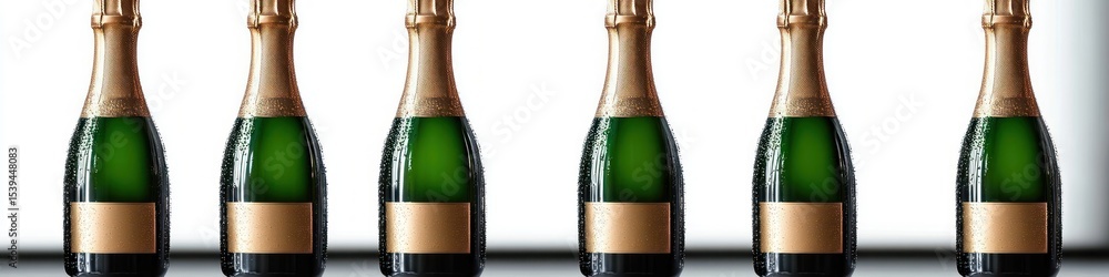 Poster row of six unopened champagne bottles with golden foil necks and green glass bodies displayed in a l