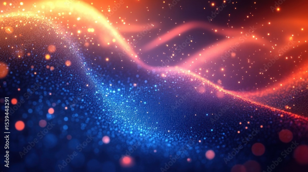 Poster abstract glowing wave-like particles in blue and orange hues creating a dynamic and vibrant flowing 
