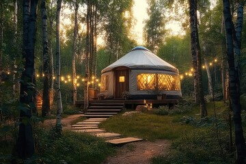 Cozy round yurt with warm glowing lights surrounded by birch trees and string lights in a peaceful forest at dusk