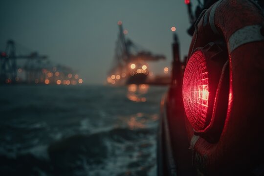 Maritime Beacon Shines Near Vessel's Safety Equipment in Foggy Waters
