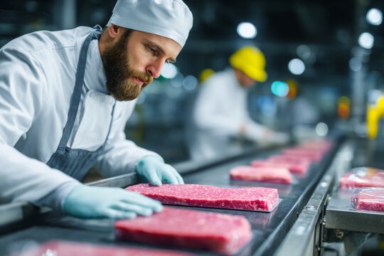 Worker Inspecting Fresh Meat Slices on Production Line Conveyor Belt in Food Processing Plant