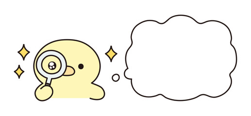 虫眼鏡を覗いて目を輝かせる可愛いひよこと吹き出しのイラスト