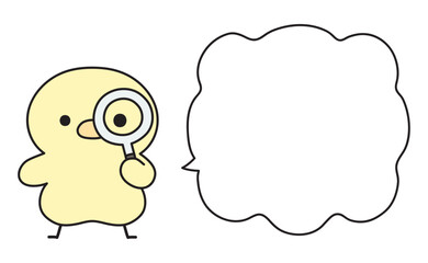 虫眼鏡を通してこちらを見る可愛いひよこと吹き出しのイラスト