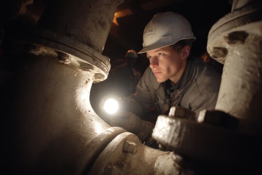 Mechanic Inspecting Pipes With Flashlight Wearing Protective Gear in a Dimly Lit Environment