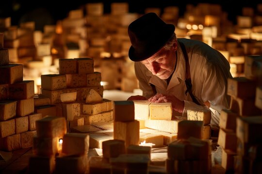 Senior Adult Inspects Square Cheese Blocks in a Dark Ambient Setting - Powered by Adobe