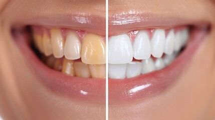 Before and after comparison of teeth whitening with one side stained and the other perfectly white simple clean background