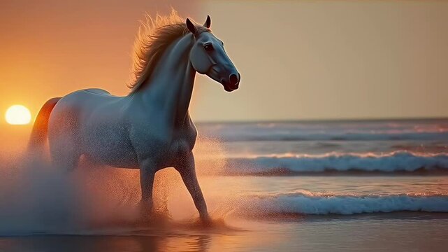 White horse galloping along beach during sunset

