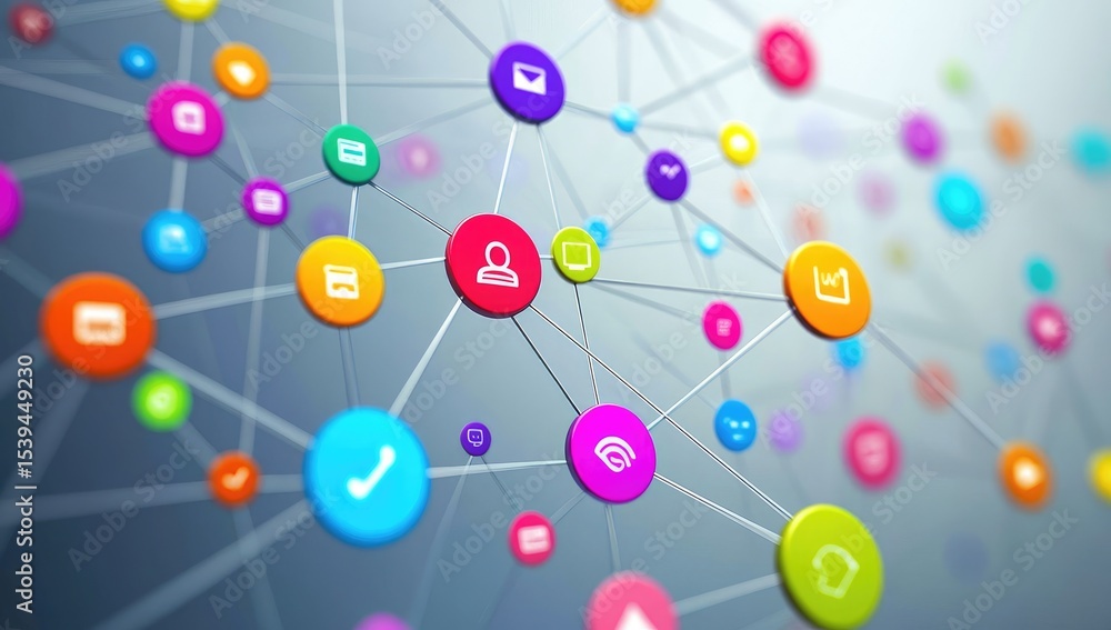 Wall mural abstract network of colorful app icons interconnected by lines