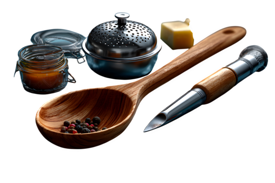 Technical sketch of culinary tools arranged like architectural blueprints with wooden spoon, garlic press, funnel, colander, and pizza cutter. Ultra HD