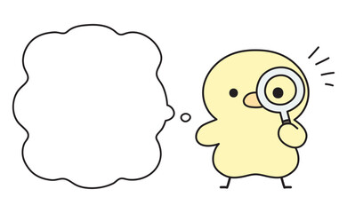 虫眼鏡を覗いて何かに気づく可愛いひよこと吹き出しのイラスト