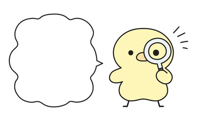 虫眼鏡を覗いて何かに気づく可愛いひよこと吹き出しのイラスト © Nitomaru