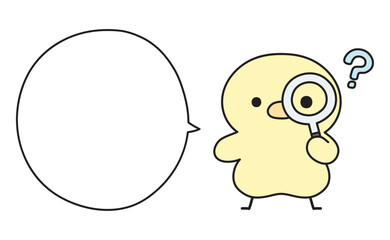 虫眼鏡を覗いて疑問符を浮かべる可愛いひよこと吹き出しのイラスト
