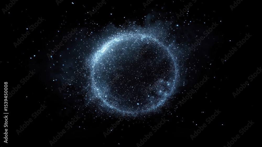 Wall mural glowing blue circular formation of fine particles or dust floating in dark space, creating a mystica