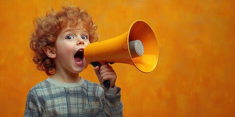 Young curly-haired child shouting excitedly into a bright orange megaphone against an orange background