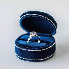 Diamond ring in a small, blue velvet box