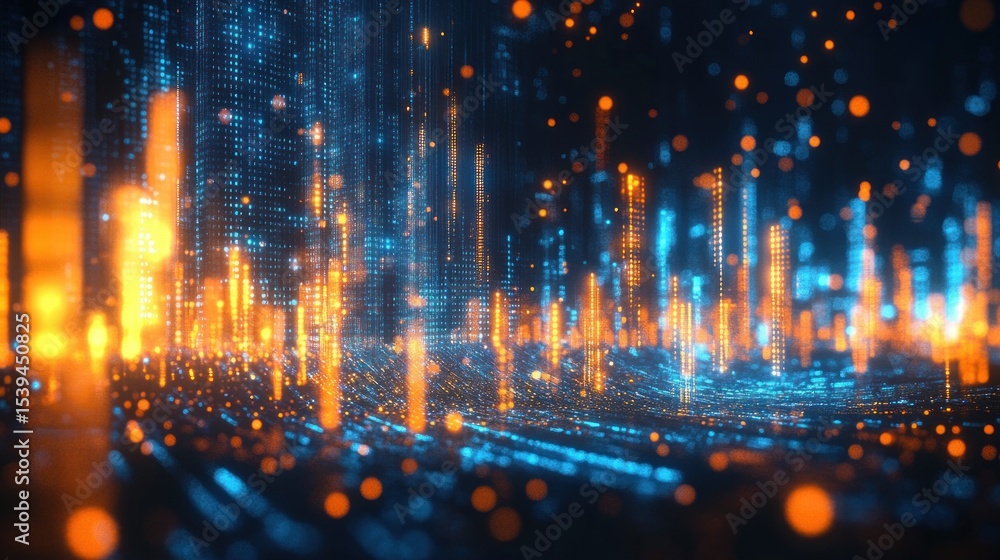 Poster abstract digital cityscape with glowing vertical light columns and scattered particles in blue and o