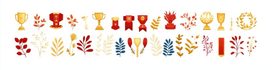 Various golden trophies, red and gold medals, ribbons, and ornamental laurel branches arranged in a decorative row on a white background expressing achievement and celebration
