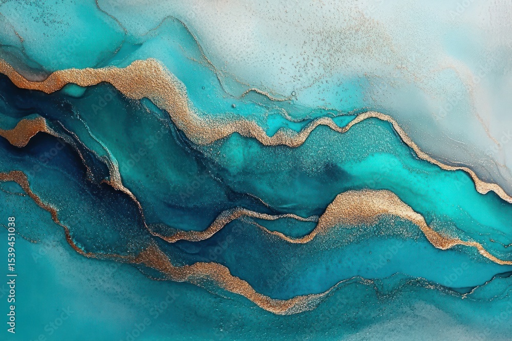Poster abstract fluid art with swirling shades of teal and turquoise accented by shimmering gold veins crea