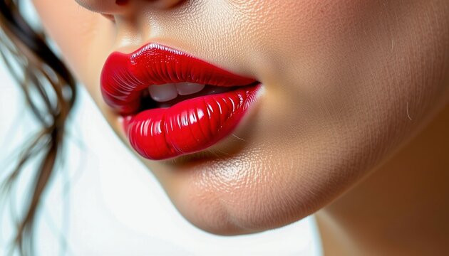 Close-up of a woman's lips with glossy, vibrant red lipstick, highlighting smooth skin texture and sensual expression.