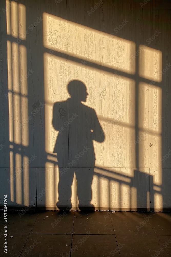 Poster a silhouette of a person standing behind a window casts a shadow on a textured wall illuminated by w