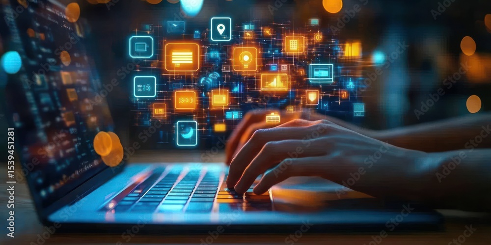 Poster hands typing on a laptop keyboard with floating digital icons illustrating data, communication, and 