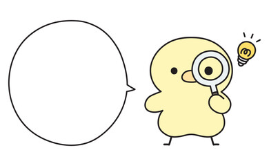 虫眼鏡を覗いて何かを閃く可愛いひよこと吹き出しのイラスト