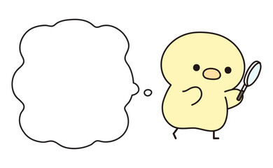 虫眼鏡で何かを観察する可愛いひよこと吹き出しのイラスト
