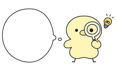 虫眼鏡を覗いて何かを閃く可愛いひよこと吹き出しのイラスト
