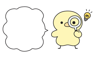 虫眼鏡を覗いて何かを閃く可愛いひよこと吹き出しのイラスト