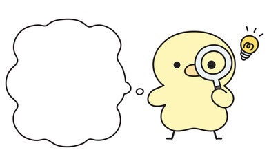 虫眼鏡を覗いて何かを閃く可愛いひよこと吹き出しのイラスト