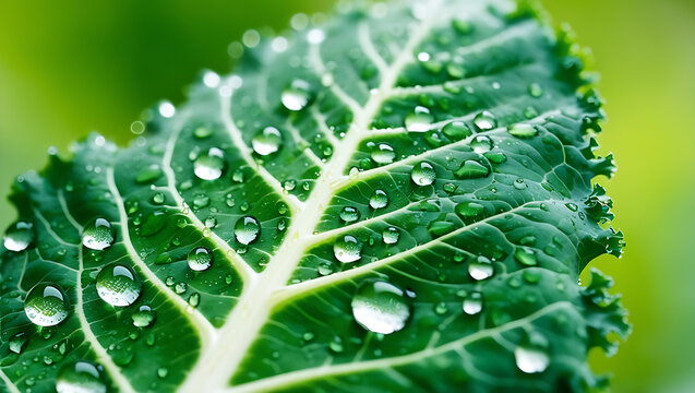 Close-up macro photography of glistening dew drops resting on the crisp, vibrant green kale leaf with fine leaf texture visible.