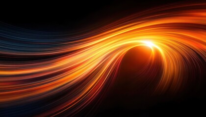 Vibrant swirling flow of glowing orange and yellow light streaks creating a dynamic wave against a dark background conveying energy and motion