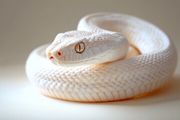 Fototapeta premium close-up of a coiled white snake with textured scales and striking amber eyes on a light neutral background conveying calm and alertness