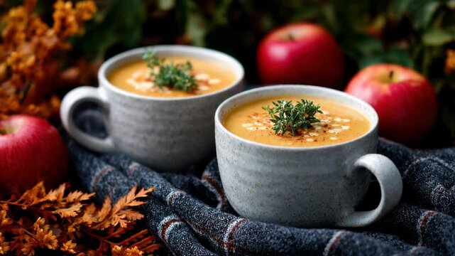 A warm and comforting bowl of delicious soup, beautifully surrounded by fresh apples and vibrant autumn leaves