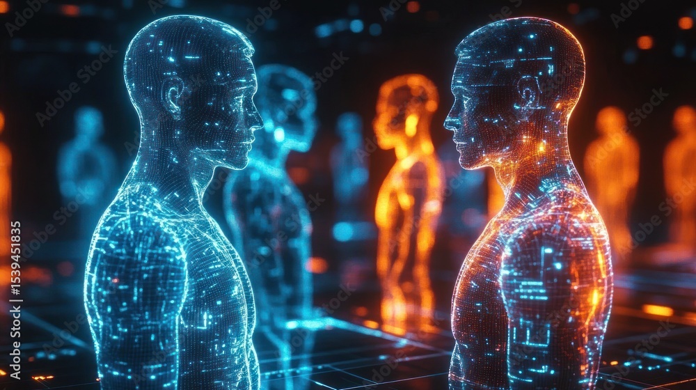 Poster two digital humanoid figures facing each other with glowing blue and orange data points in a futuris