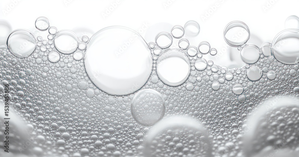 Poster close-up view of numerous transparent bubbles in a liquid environment, highlighting various sizes an