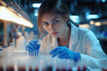 Focused female scientist in white lab coat and blue gloves handling test tubes in a laboratory with a serious expression and soft lighting