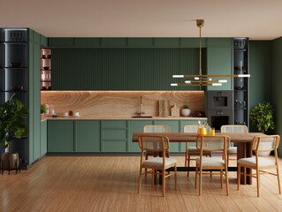 kitchen room interior design with dark green wall,Dining room interior- 3D rendering