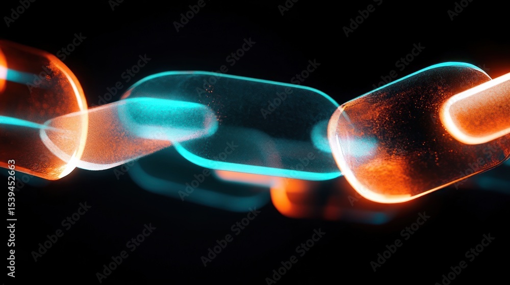 Poster close-up of glowing translucent chain links with vibrant blue and orange lighting on a dark backgrou