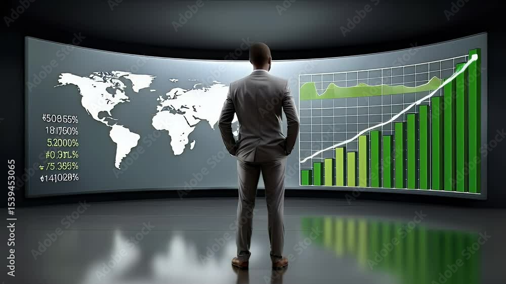 Poster businessman in suit analyzing financial data on large digital screen with world map and graphs