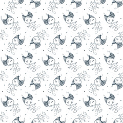 Seamless pattern with a girl. The girl is smiling. Sketchy style. White background. Monochrome