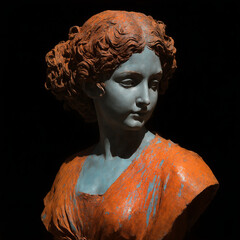 Vintage Orange and Blue Bust Sculpture with Weathered Patina, Detailed Classical Art Piece, Antique Statue Head