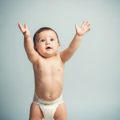 Baby reaching up adorable diapered infant with outstretched arms on light blue background studio shot