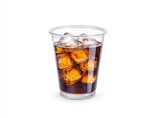 Clear plastic cup with cola and ice cubes