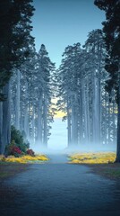 Obraz premium Misty forest path at dawn